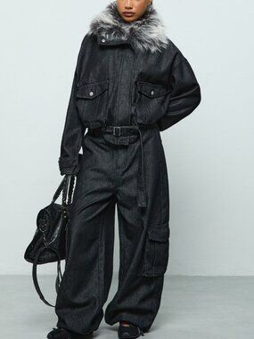 Black Casual Women's Belted Contrast Faux Fur Loose Drop Shoulder Jacket